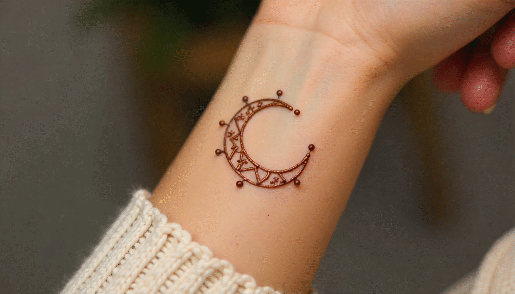 Minimal crescent moon and stars henna tattoo design for female on wrist — elegant small tattoo idea symbolizing calmness, transformation, and feminine strength.