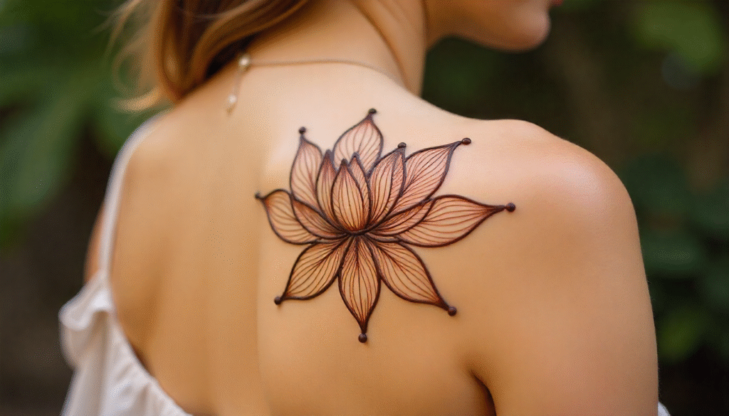 Lotus flower mandala henna tattoo design for female on shoulder — spiritual small tattoo idea symbolizing purity, enlightenment, and inner balance.