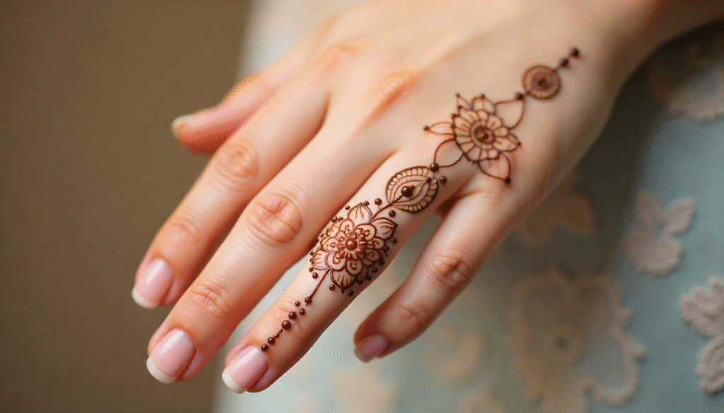 "Mandala finger tips henna tattoo design for female — minimal small tattoo idea with tiny petals and dots symbolizing mindfulness, purity, and spiritual elegance."