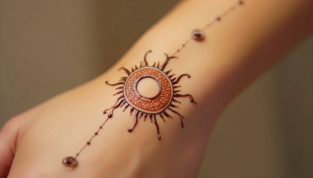 “Sun Moon balance henna tattoo for women on wrist with celestial design symbolizing harmony and duality”