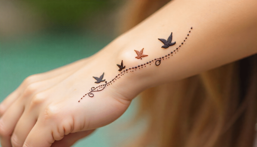 "Flying birds henna tattoo design for female on wrist — small tattoo idea with dotted trails symbolizing independence, freedom, hope, and courage."