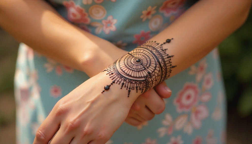 "Geometric henna armband design for female on wrist — small tattoo idea featuring mandala circles, triangles, and lines symbolizing balance, clarity, and strength."