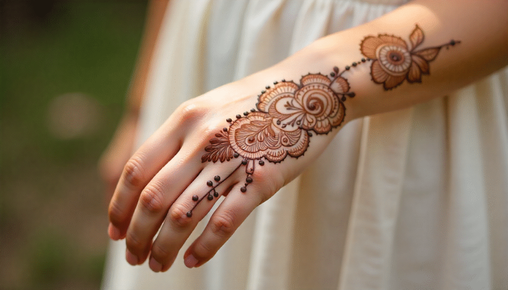 "Half hand boho lace henna tattoo design for female — elegant small tattoo idea with floral swirls, dotted chains, and lace patterns symbolizing celebration and femininity."