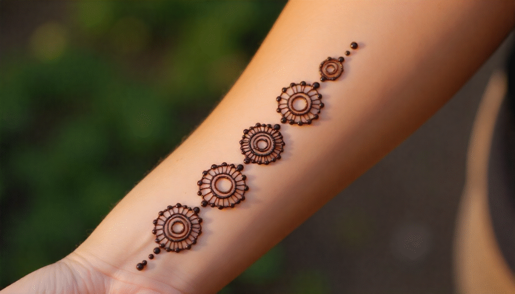 "Chakra symbols alignment henna tattoo design for female on forearm — spiritual small tattoo idea symbolizing energy balance, alignment, and inner peace."