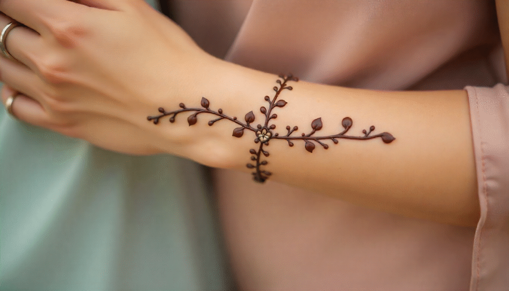"Vine bracelet henna tattoo design for female on wrist — delicate small tattoo idea with tiny hearts and leaves symbolizing love, growth, and connection."