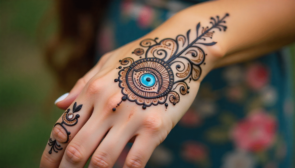 Evil eye henna tattoo design for female on back of hand — small tattoo idea symbolizing protection, intuition, and positive energy with paisley and dotted details.
