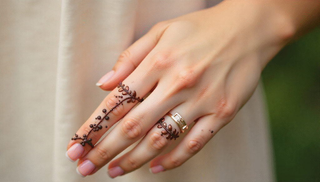 Floral finger chain henna tattoo designs for female — delicate small tattoo ideas with tiny vines, blossoms, and dotted trails symbolizing beauty and elegance.