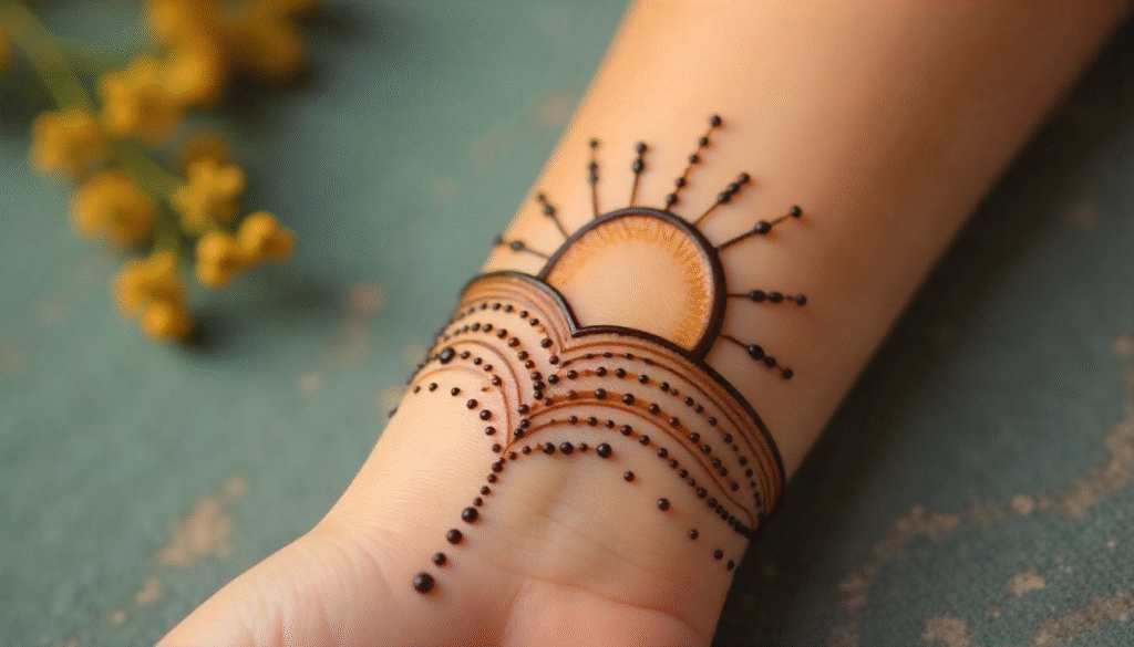 Boho sun and waves henna tattoo design for female on wrist — small tattoo idea symbolizing balance, freedom, and calmness with dotted rays and curved lines.