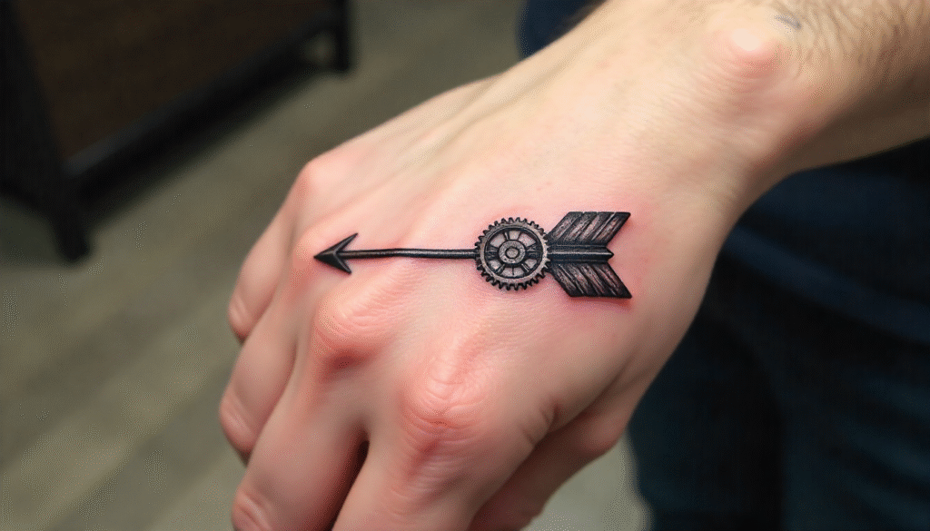 Gear-infused arrow small tattoo for men on finger or hand, minimalist fine-line design symbolizing precision and purpose