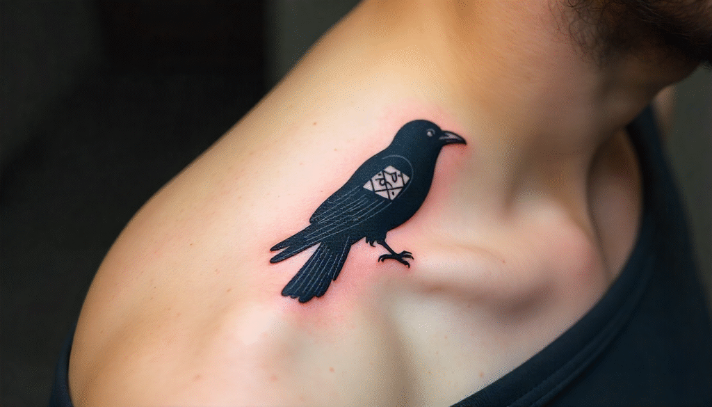 Minimalist raven silhouette tattoo with hidden Algiz rune for men, fine black line design symbolizing wisdom and protection