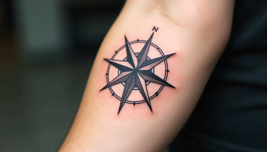 Fractured compass rose small tattoo for men on forearm, fine-line shading minimalist design symbolizing resilience and direction