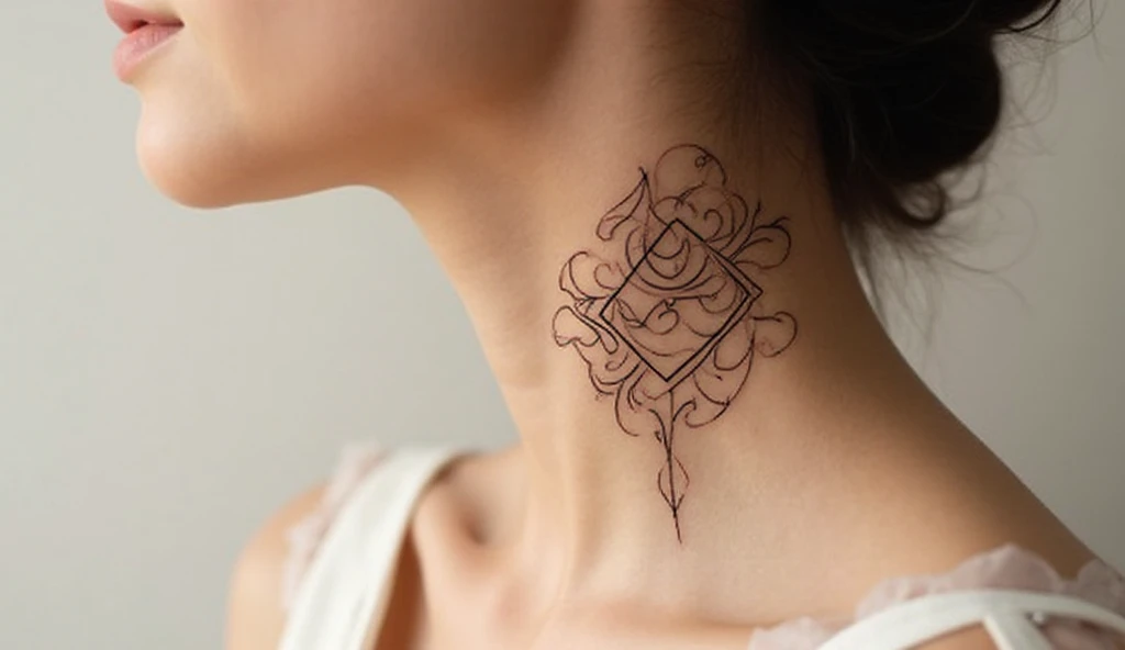 Delicate fine-line ornament tattoo on side of neck, geometric or curvy decorative pattern, elegant and feminine.