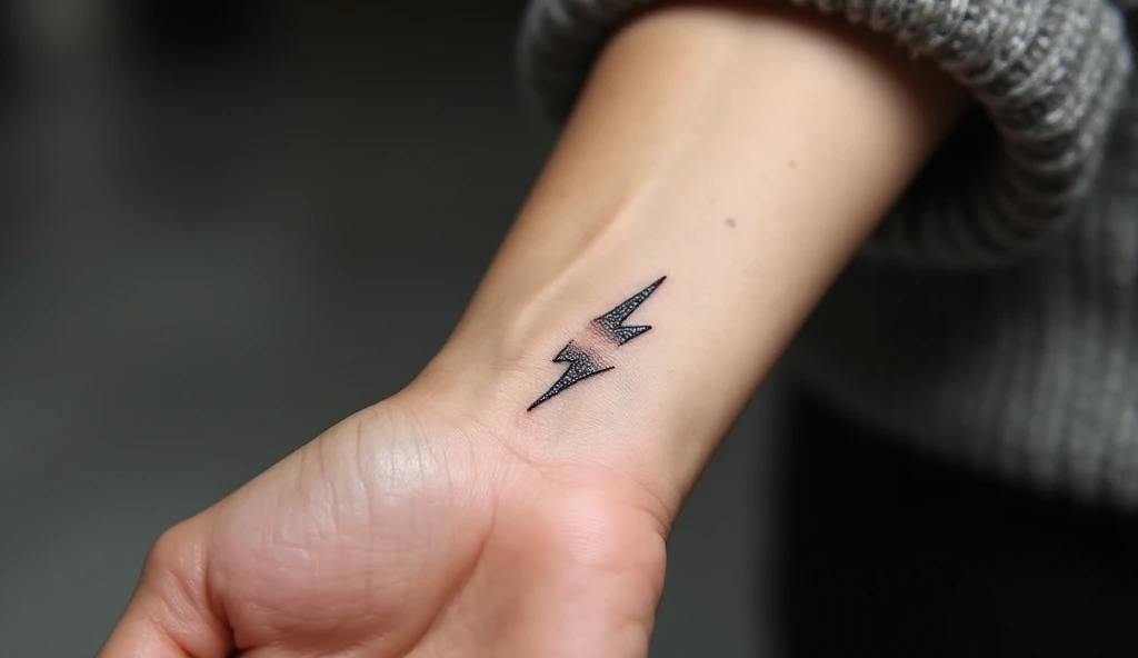 Simple lightning bolt tattoo on wrist, fine-line minimalist black ink, symbolizing energy and determination.