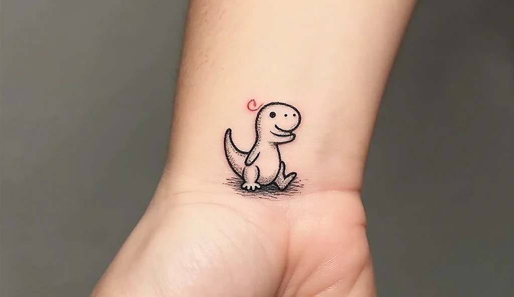 Tiny cute dinosaur tattoo (baby T-Rex or dino outline) on wrist, minimalist fine-line black ink with playful vibe.