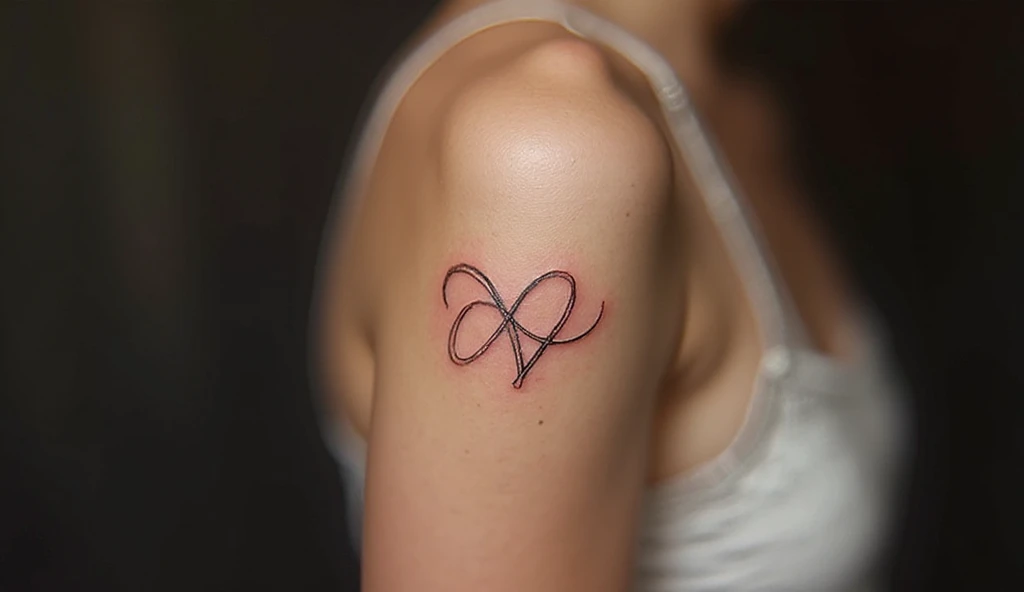 Small love-themed tattoo on bicep — heart or infinity symbol in fine-line minimalist style, representing deep emotion and connection.