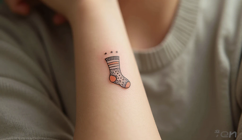 Tiny sock tattoo on wrist, minimalist design with playful stripes or dots, nostalgic and cute style.