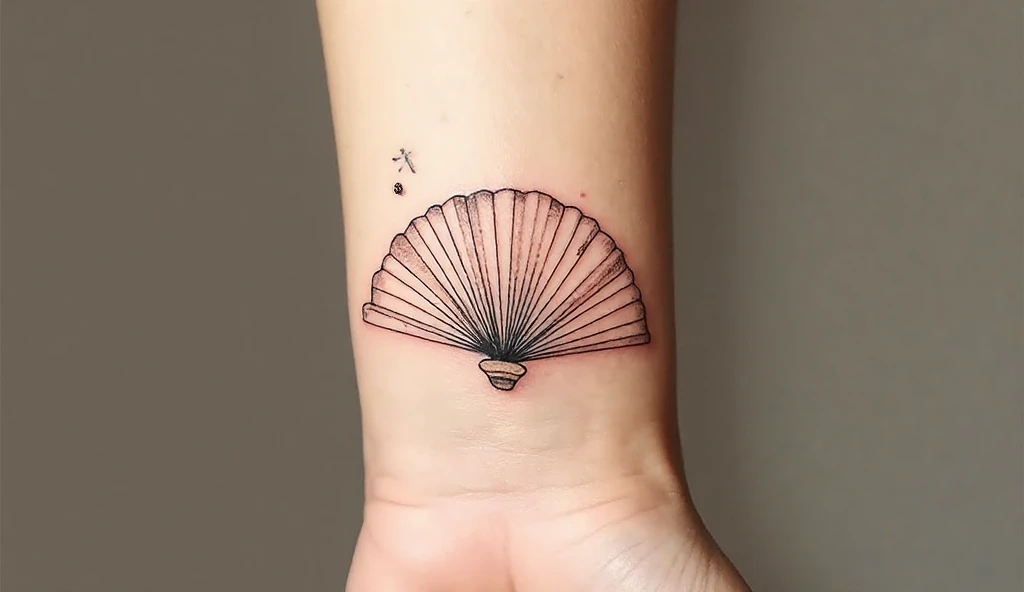 Minimalist paper fan tattoo on wrist, elegant fine-line folds, soft Japanese-inspired design symbolizing grace and creativity.