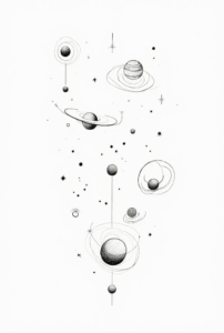 minimalist planet tattoo design with thin rings and moons, elegant small space tattoo for men and women