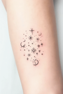 tiny space-themed tattoo with stars and moons in minimalist black ink style, perfect simple celestial tattoo idea