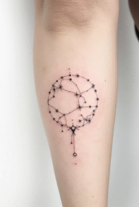 constellation tattoo with dots and fine connecting lines, minimalist zodiac-inspired tattoo for beginners