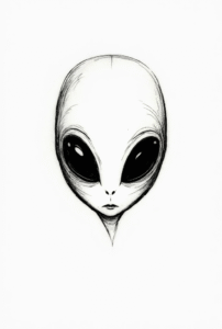minimalist alien tattoo design with large oval eyes, simple black line art tattoo symbolizing curiosity