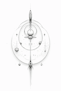 creative space tattoo combining planets, stars, and rocket in a circular minimalist composition