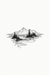 minimalist nature tattoo merging mountains, waves, and trees in one continuous line representing harmony and balance