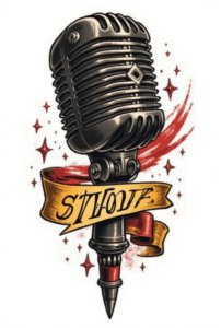 american traditional style music tattoo featuring microphone and banner reading “Stay Loud” in bold colors