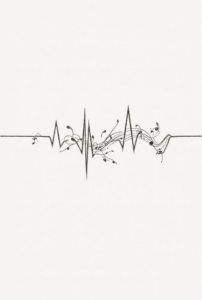 minimalist heartbeat music tattoo with notes integrated into the line symbolizing life and rhythm