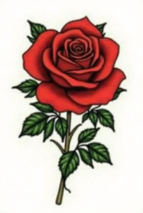american traditional rose tattoo with bold outlines, red petals, and green leaves symbolizing love and strength