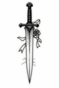 traditional dagger tattoo in bold black linework with rose accent symbolizing bravery and strength