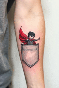 Pocket-sized superhero tattoo for men – tiny man with red cape flying from a pocket.