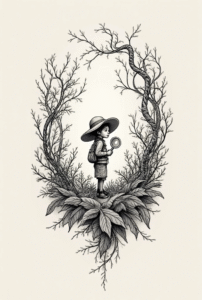 Tiny explorer tattoo design for men – small line art of an adventurer in a safari hat exploring vines.