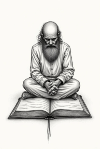 Pocket philosopher tattoo – small wise man sitting on a book symbolizing curiosity and wisdom.