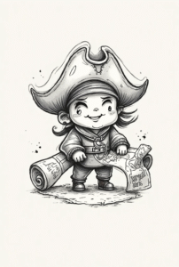 Miniature pirate tattoo – small design of a pirate with a treasure map symbolizing courage and adventure.