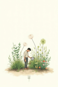 Tiny gardener tattoo – minimalist small man watering plants symbolizing growth and patience.