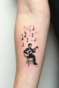 Miniature musician tattoo – small man strumming guitar symbolizing creativity and rhythm.