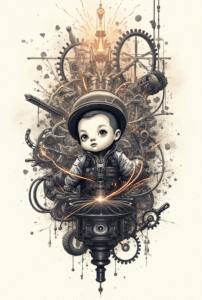 Tiny inventor tattoo for men – small creative inventor with gears symbolizing innovation and curiosity.