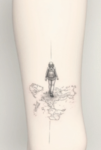Miniature traveler tattoo – small man walking across map symbolizing adventure and self-discovery.