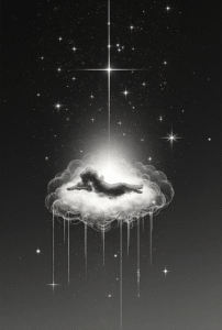 Pocket dreamer tattoo – tiny man resting on a cloud with stars symbolizing peace and imagination.