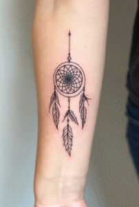 “Small dreamcatcher tattoo on forearm – spiritual and meaningful little tattoo design for women in 2025.”