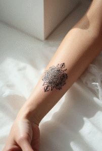 “Tiny mandala tattoo on forearm – peaceful and meaningful small tattoo idea symbolizing balance and harmony.”