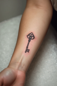 “Vintage key tattoo – meaningful little tattoo idea for women symbolizing unlocking new possibilities.”