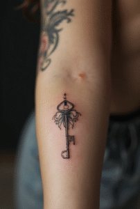 “Tiny keyhole tattoo on forearm – delicate and meaningful little tattoo idea representing curiosity and wonder.”