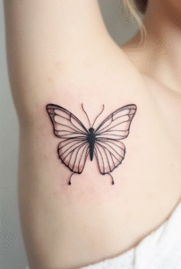 delicate butterfly tattoo design symbolizing rebirth and lightness, minimal open-wing black line tattoo for beginners
