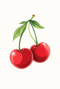 cute small cherry tattoo design with red cherries and green stems, minimal and playful tattoo idea for beginners