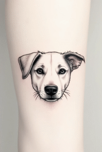minimal dog face tattoo design symbolizing loyalty and love, simple black line art pet tattoo for beginners