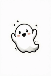 cute small ghost tattoo with black outline and white highlight, playful minimalist design symbolizing fun and courage