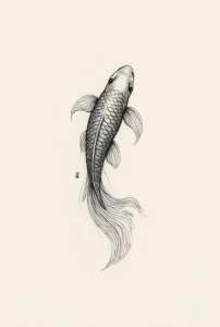 minimal koi fish tattoo design with flowing tail symbolizing courage and transformation, simple clean tattoo for beginners
