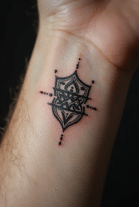 “Micro shield knot tattoo on a male inner wrist, designed with fine geometric lines and subtle dotwork for protection symbolism.”